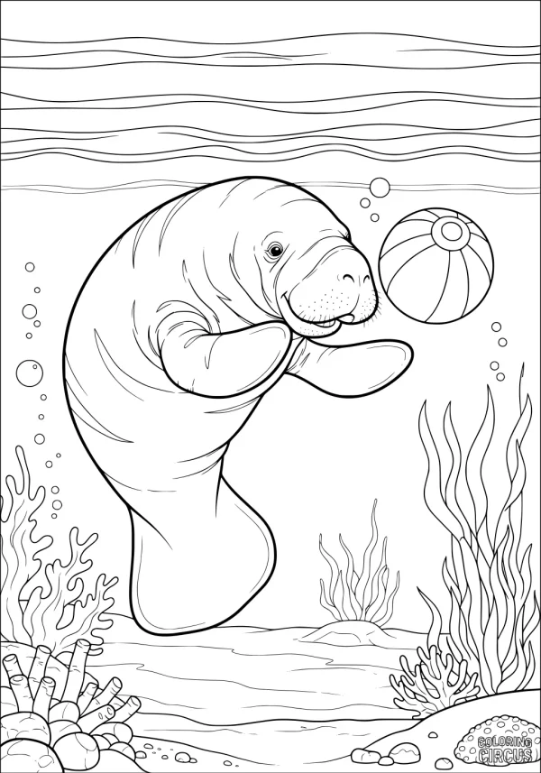 Coloring page of a happy manatee playing underwater with a beach ball, surrounded by aquatic plants and corals
