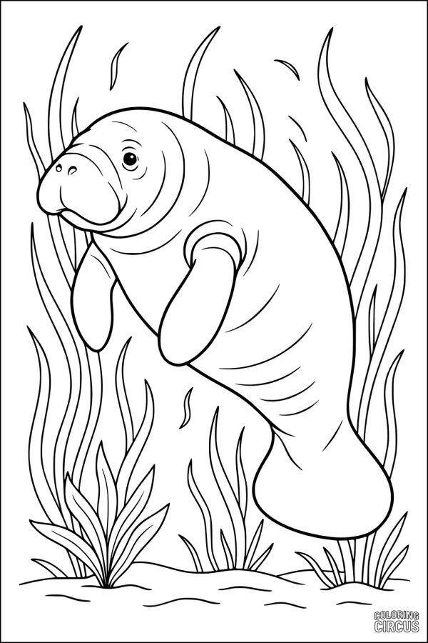 Coloring page featuring a gentle manatee swimming among waving seagrass