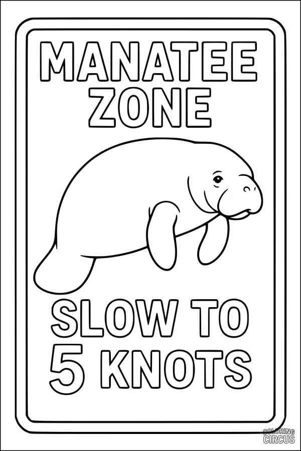 Coloring page with a manatee zone sign featuring a gentle manatee and words slow to 5 knots
