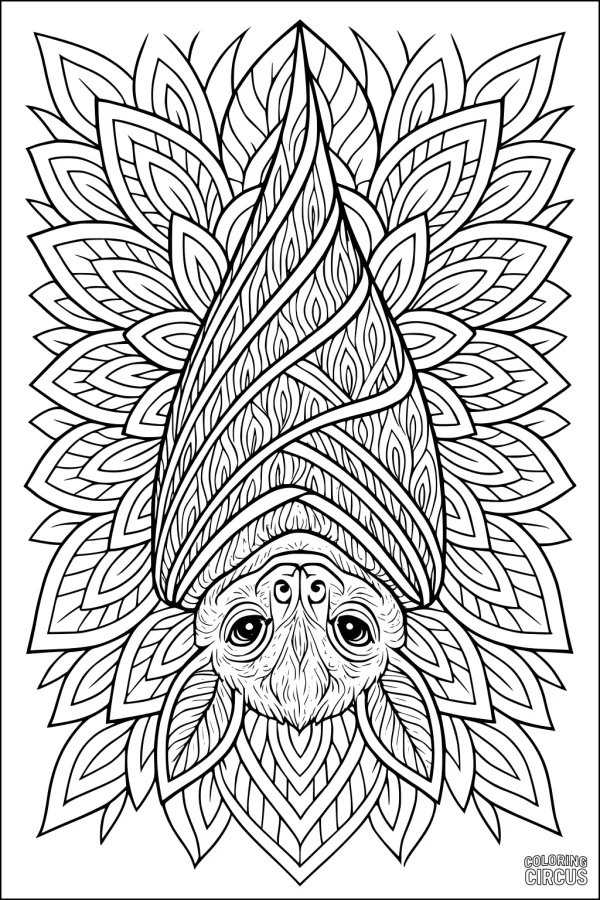 Coloring page of a detailed bat wrapped in its wings with a mandala-like leafy background