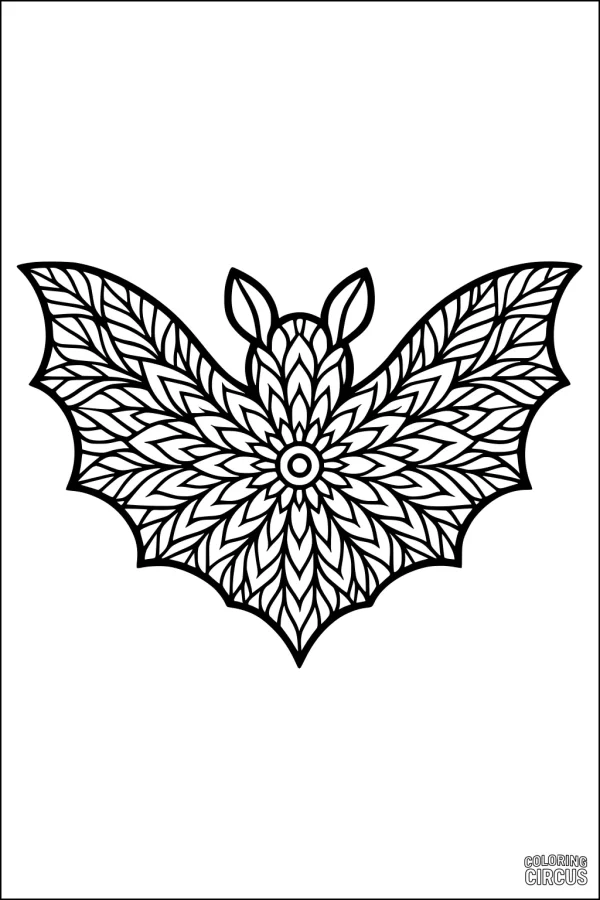 Coloring page of an intricate mandala bat with patterned wings and detailed leaf-like designs for kids and adults