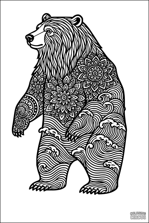 Coloring page featuring a standing bear with intricate mandala and wave patterns across its body