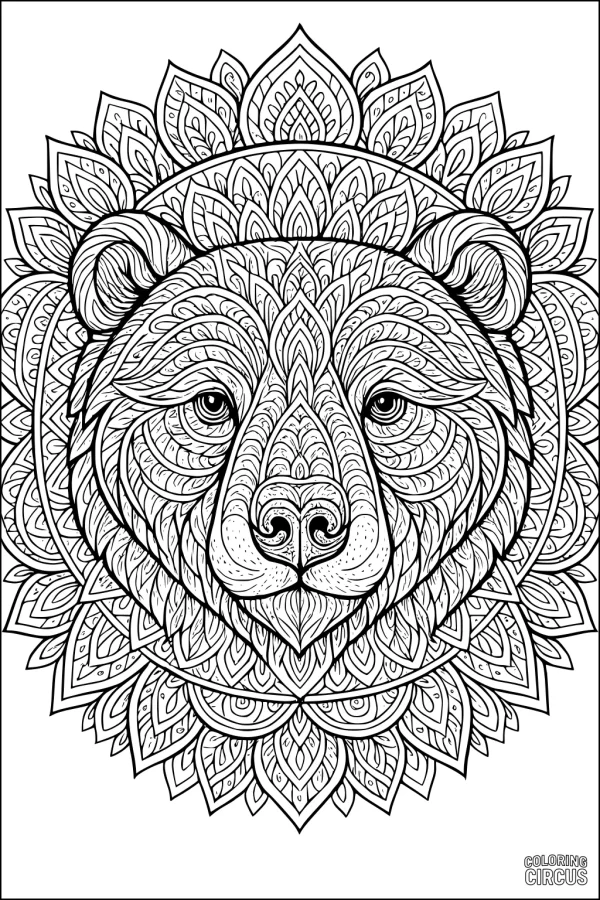 Coloring page of an intricate mandala-style bear face surrounded by detailed patterns