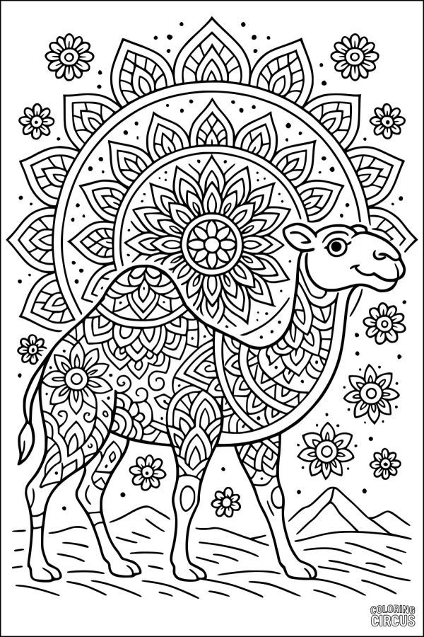 Coloring page of a camel decorated with intricate mandala patterns and surrounded by desert flowers