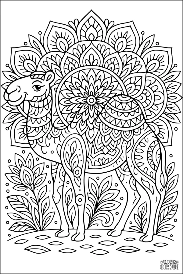 Coloring page showing an ornate mandala-style camel surrounded by patterned flowers and leaves