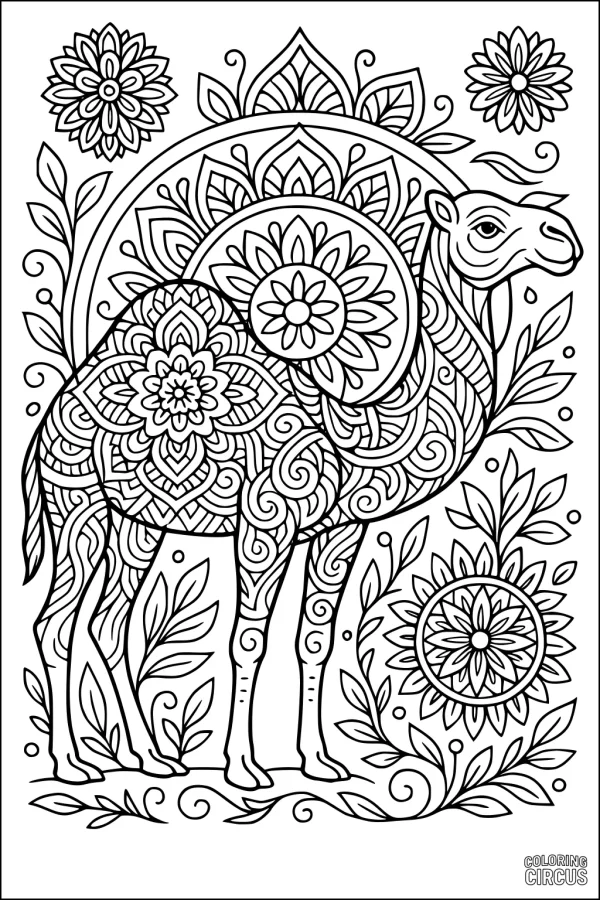 Coloring page with a mandala-style camel surrounded by floral patterns and leaves