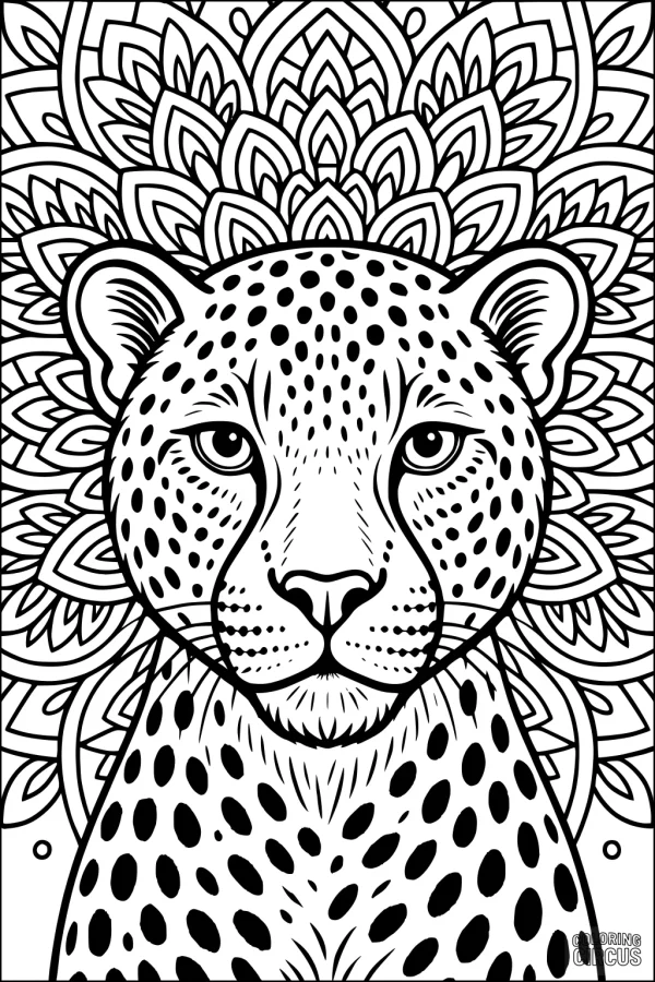 Coloring page detailed cheetah portrait with mandala background