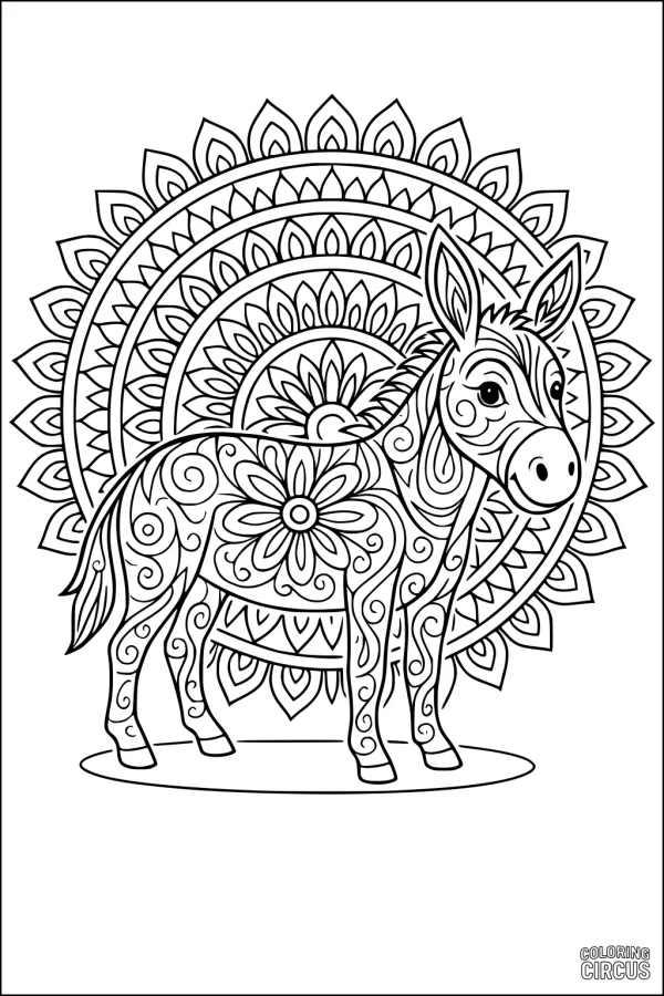Coloring page of a detailed mandala donkey standing in front of a floral patterned background