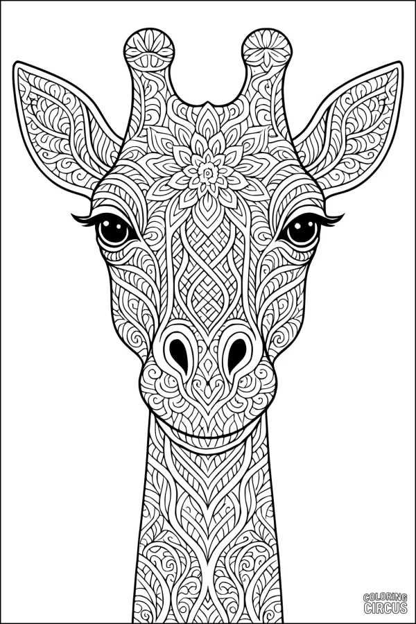 Coloring page detailed mandala giraffe head for kids and adults