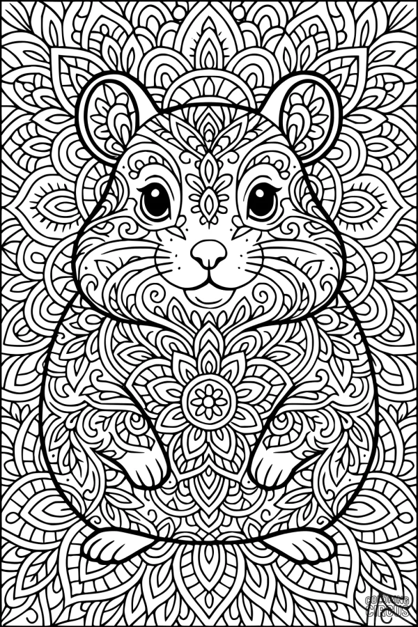 Coloring page featuring a detailed mandala hamster with floral patterns