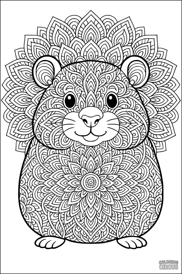 Coloring page with a detailed mandala pattered hamster for children and adults