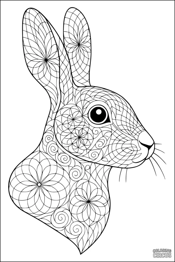Coloring page with a detailed side profile of a hare filled with mandala and spiral patterns