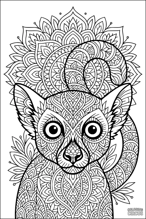 Coloring page showing a detailed mandala lemur with intricate patterns