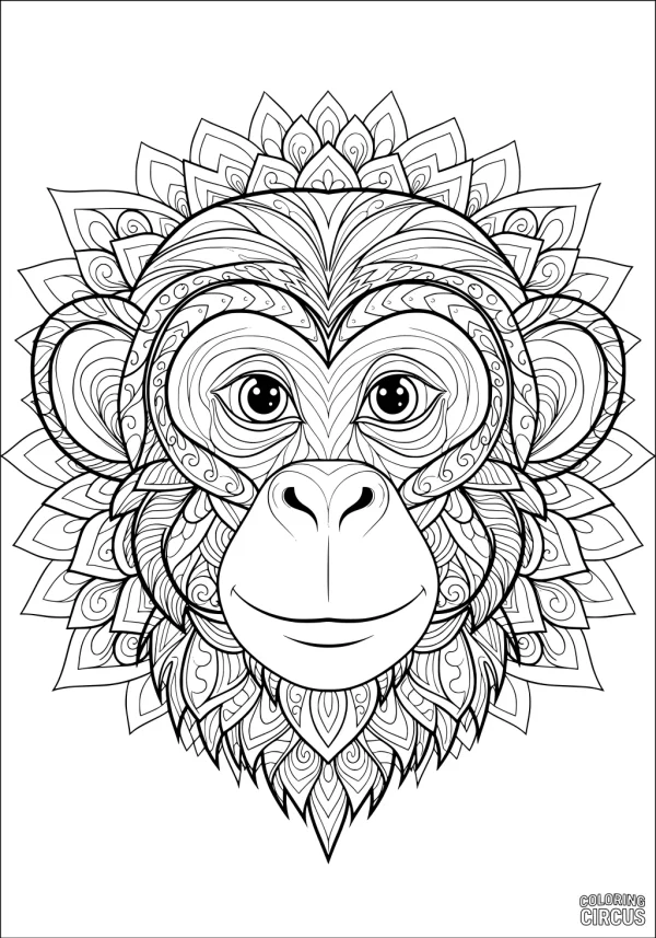 Coloring page with detailed mandala monkey face and intricate patterns