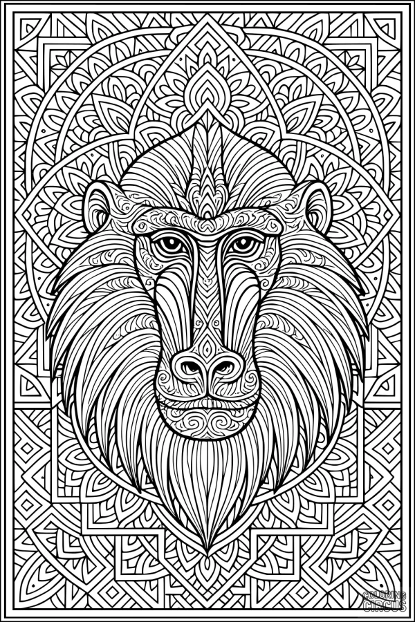 Coloring page featuring an intricate mandrill baboon with ornate mandala-style patterns and geometric background