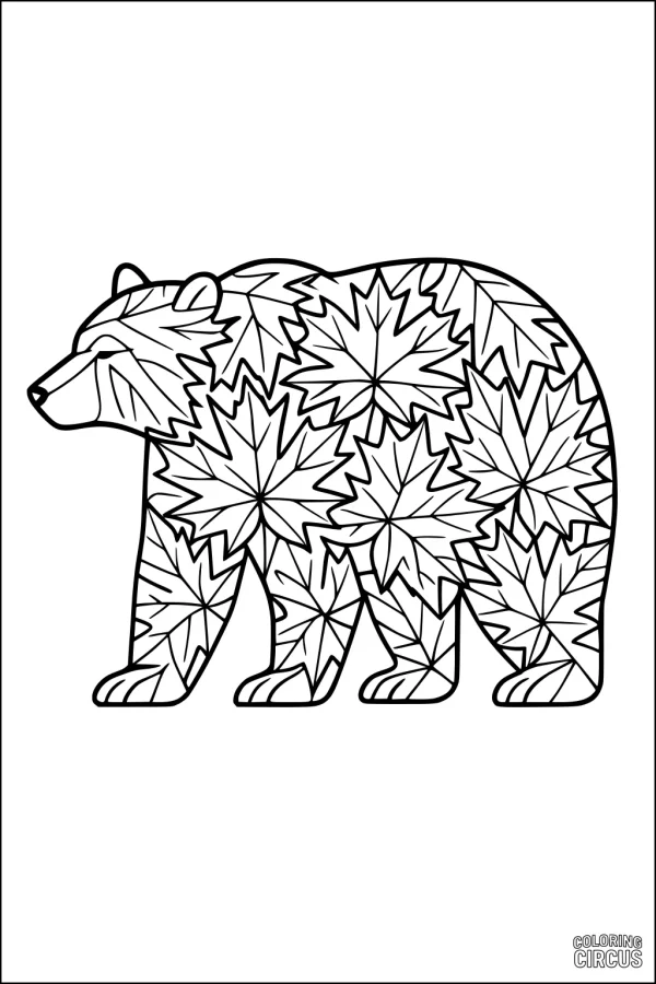 Coloring page featuring a bear filled with maple leaf patterns