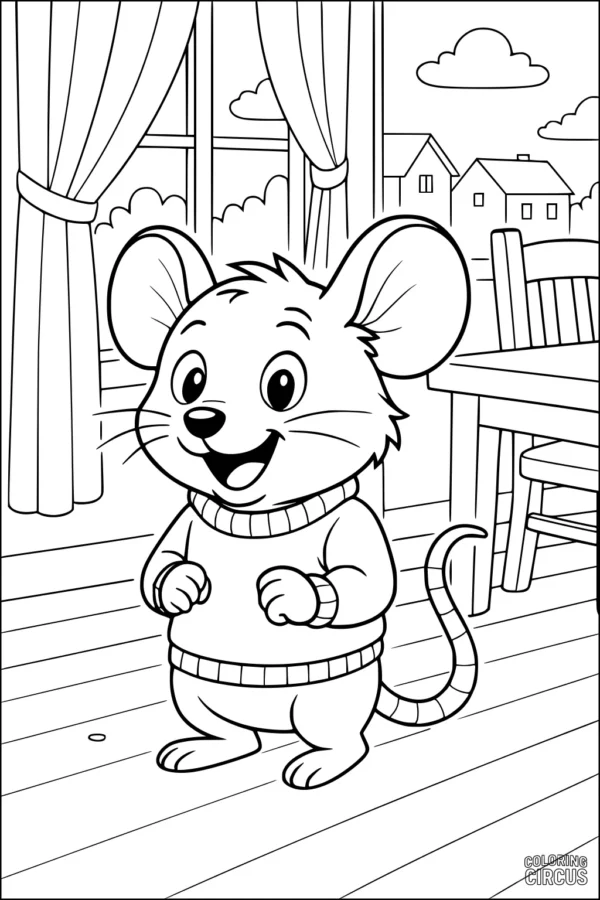 Coloring page of a happy cartoon mouse in a sweater standing in a sunny room with windows and a table