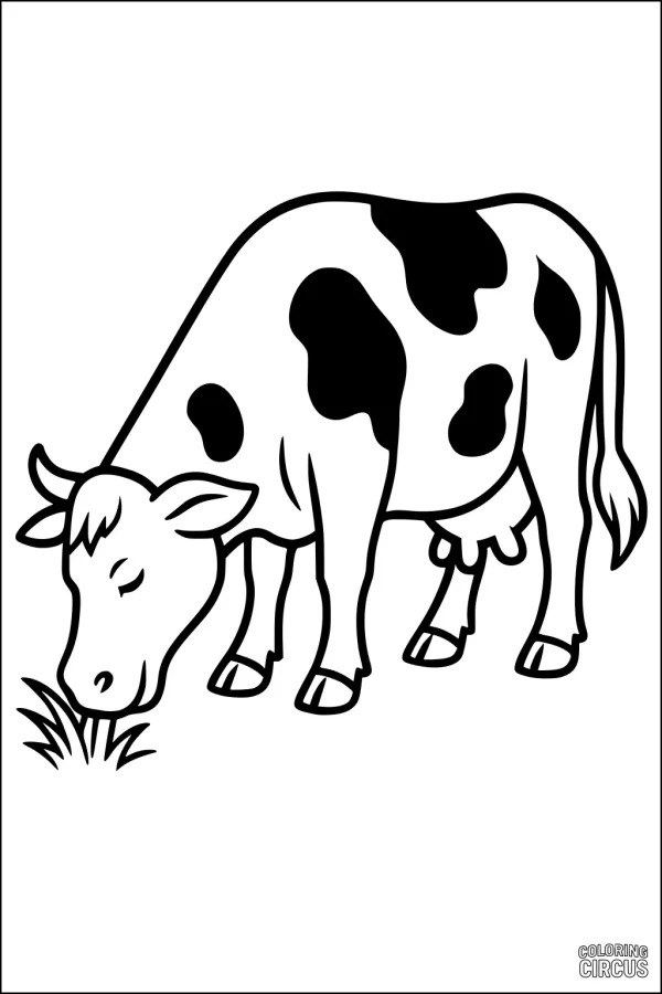 Coloring page showing a cartoon cow eating grass in a field