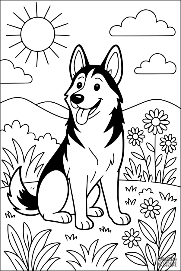 Coloring page of a happy dog sitting in a sunny meadow with flowers, hills, and clouds