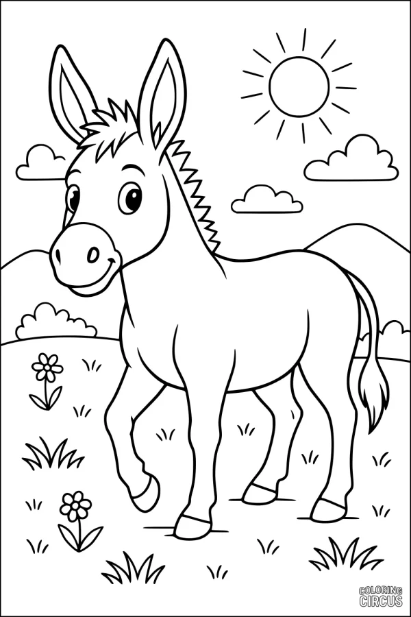 Coloring page showing a cheerful donkey in a sunny meadow with flowers, hills, and clouds
