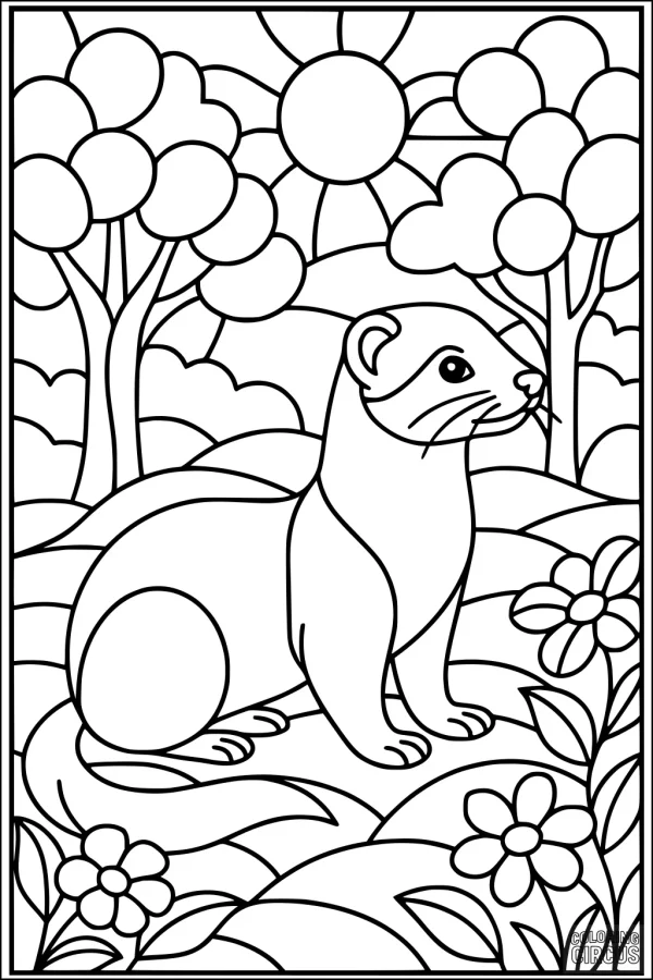 Coloring page featuring a friendly ferret sitting in a sunny meadow with trees and flowers