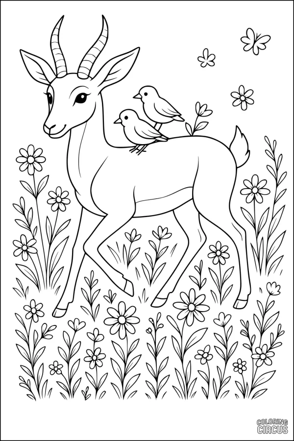 Coloring page showing a gazelle with two birds in a flower-filled meadow