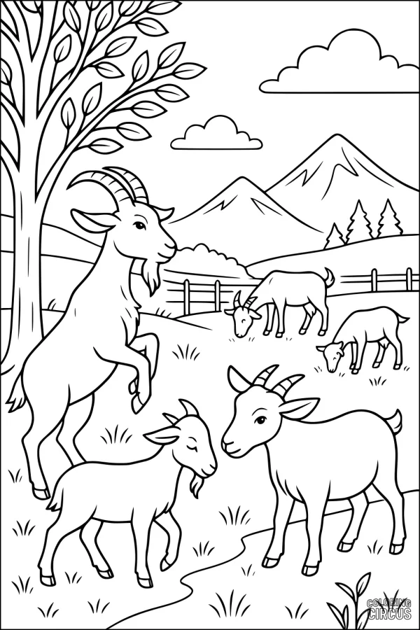 Coloring page featuring playful goats in a meadow with mountains, trees, and clouds in the background.
