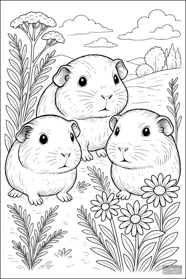Coloring page with three guinea pigs in a meadow with flowers and plants