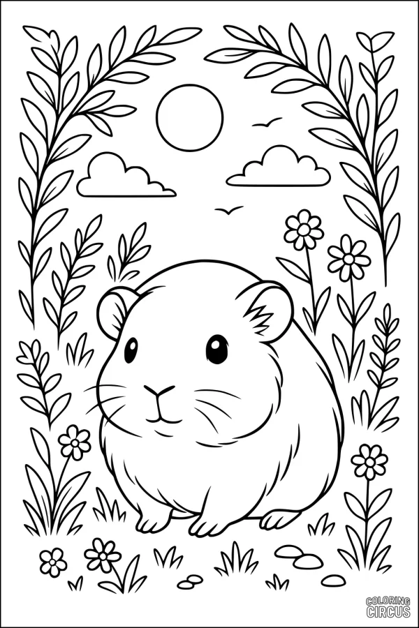 Coloring page of a guinea pig sitting in a sunny meadow surrounded by flowers, tall grass, and branches under a sky with sun, clouds, and birds.