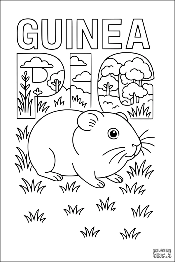 Coloring page featuring a cute guinea pig in a grassy field with nature background and big GUINEA PIG letters