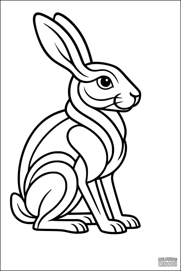 Coloring page of a cartoon hare sitting with large ears