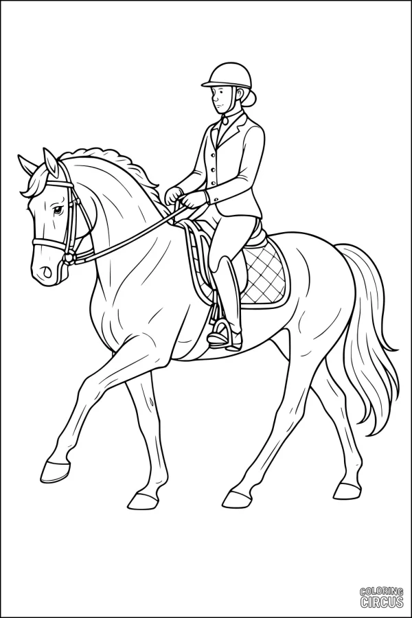 Coloring page of a rider on a trotting horse with detailed saddle and helmet