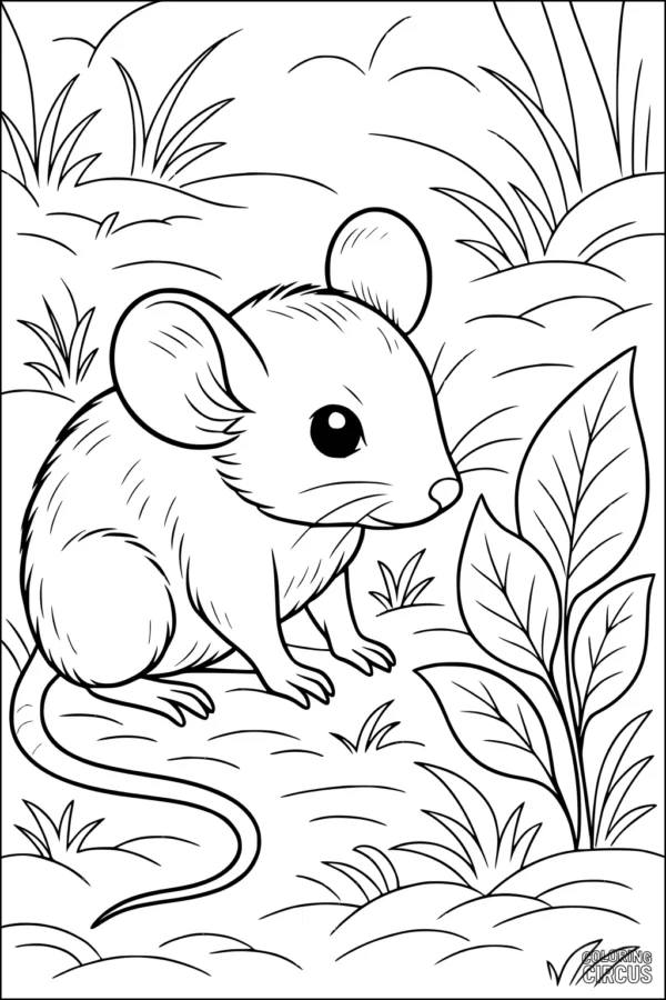 Coloring page of a cute mouse sitting in a grassy meadow with large leaves and plants