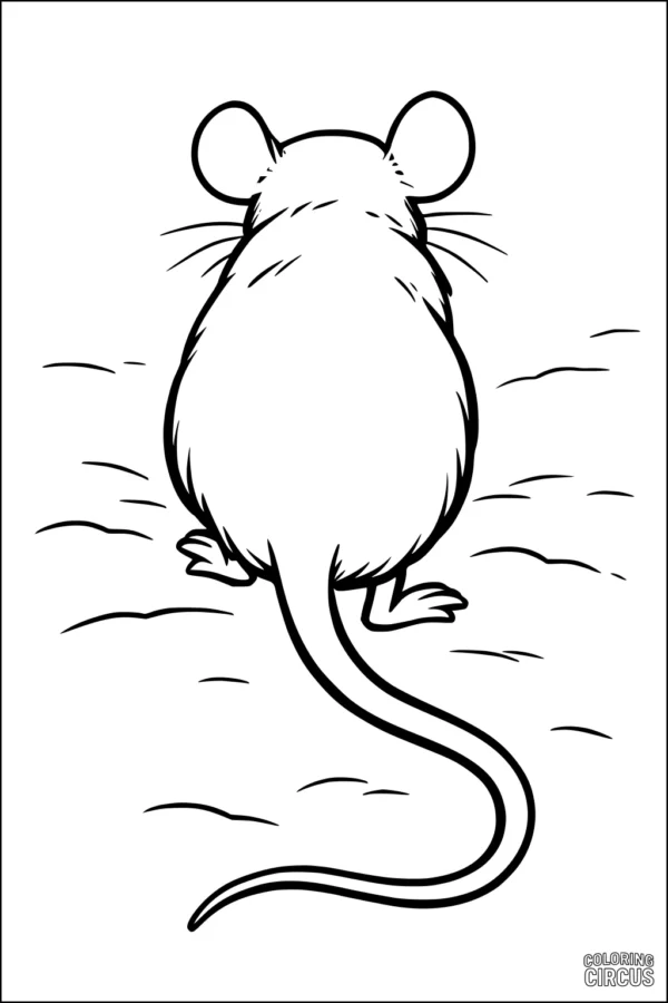 Coloring page featuring a cartoon mouse seen from behind sitting in a grassy meadow