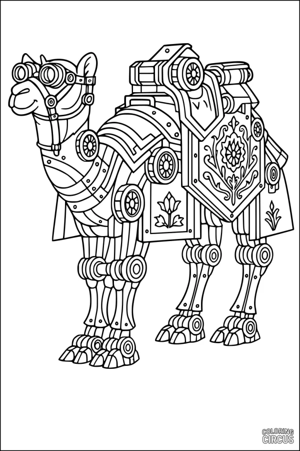 Coloring page featuring a detailed robotic camel with ornamental armor and mechanical parts
