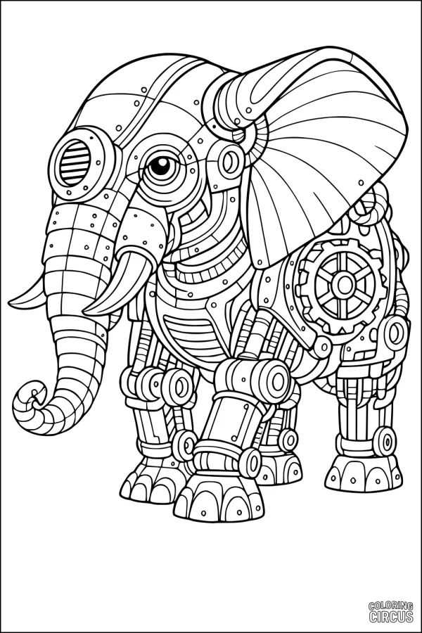 Coloring page showing a detailed mechanical elephant design with gears and circuits