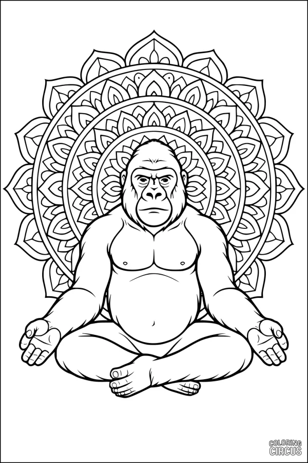 Coloring page featuring a meditating gorilla with an intricate mandala background