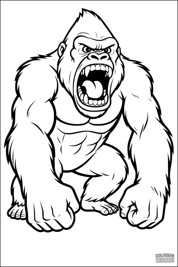 Coloring page of a strong gorilla roaring in a playful cartoon jungle scene