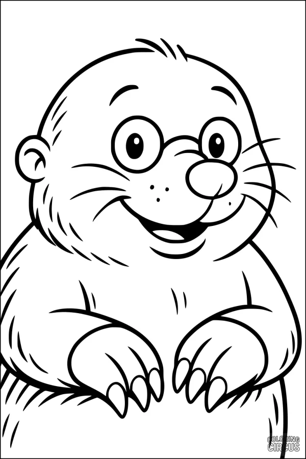 Coloring page featuring a cute cartoon mole wearing glasses with a happy expression.