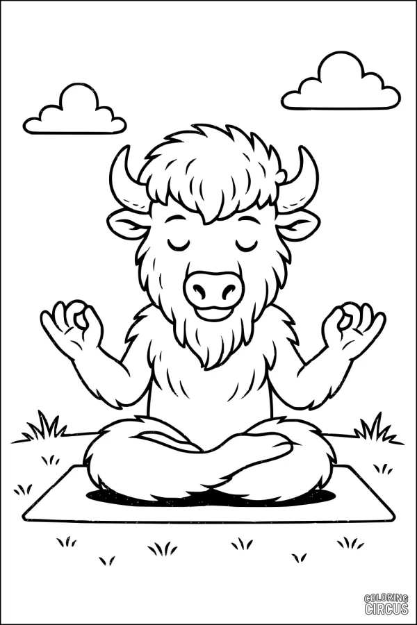 Coloring page of a cute cartoon bison meditating in a grassy meadow with two clouds above