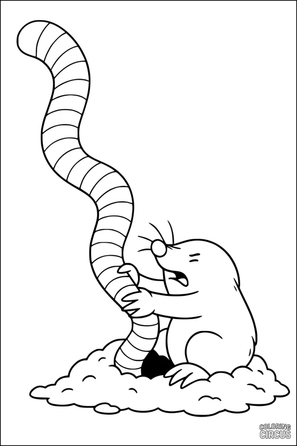 Coloring page of a cute mole hugging a big striped worm underground