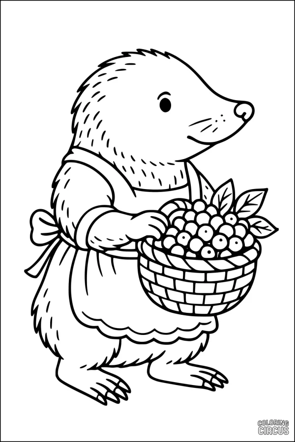 Coloring page of a cute mole wearing an apron and holding a basket full of berries with leaves