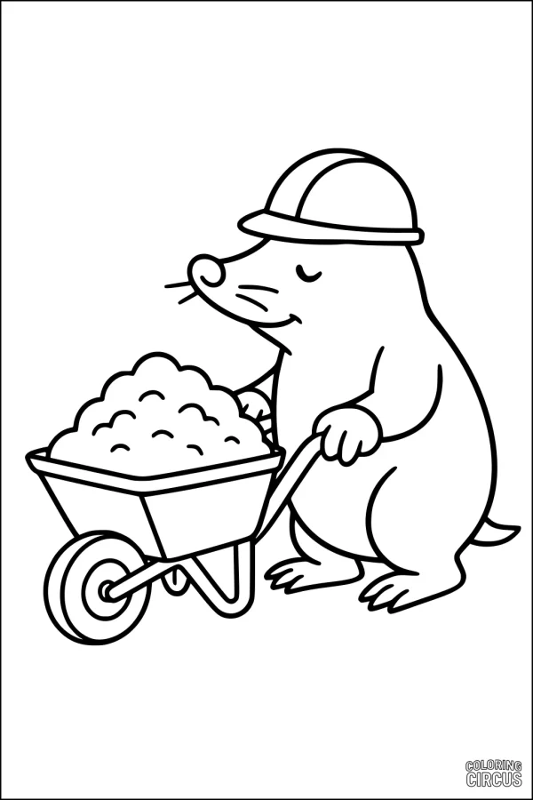 Coloring page of a cartoon mole wearing a helmet and pushing a wheelbarrow with dirt, perfect for preschoolers