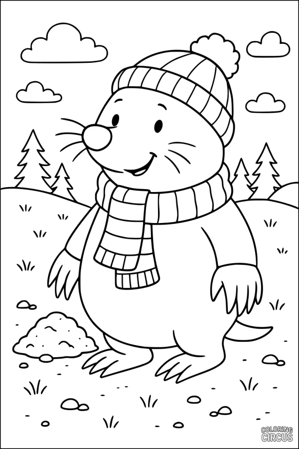 Coloring page of a cheerful mole wearing a hat and scarf in a meadow with clouds and trees