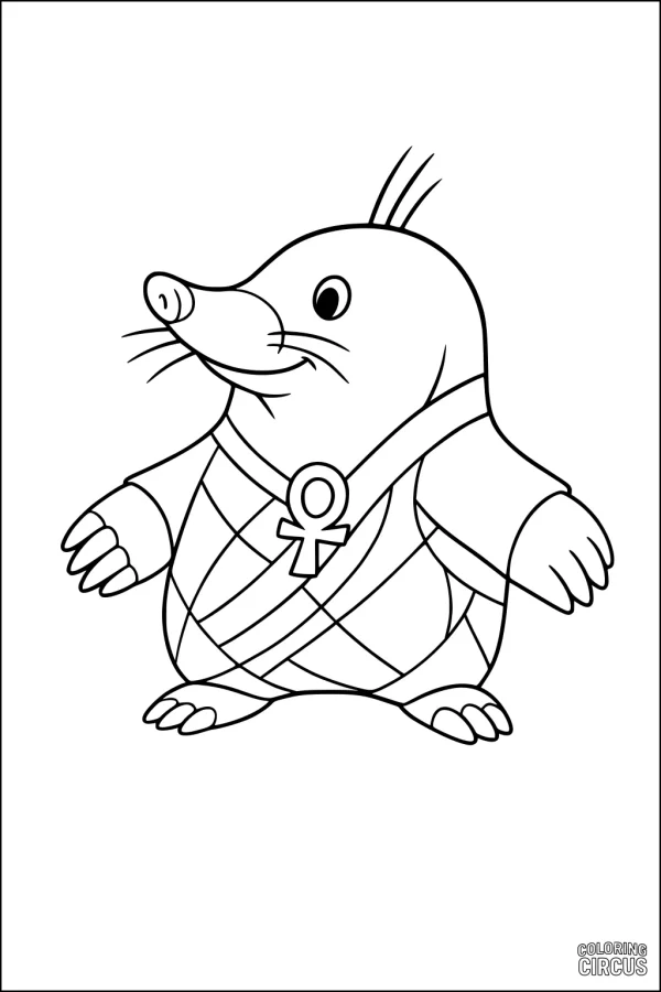 Coloring page of a cute cartoon mole wearing a patterned vest and an amulet