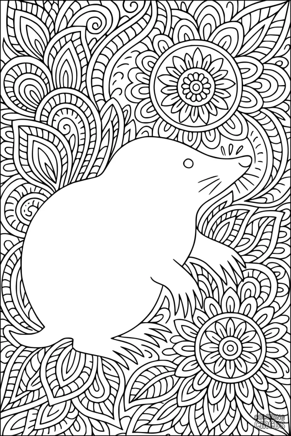 Coloring page featuring a cute mole surrounded by detailed floral patterns and leaves