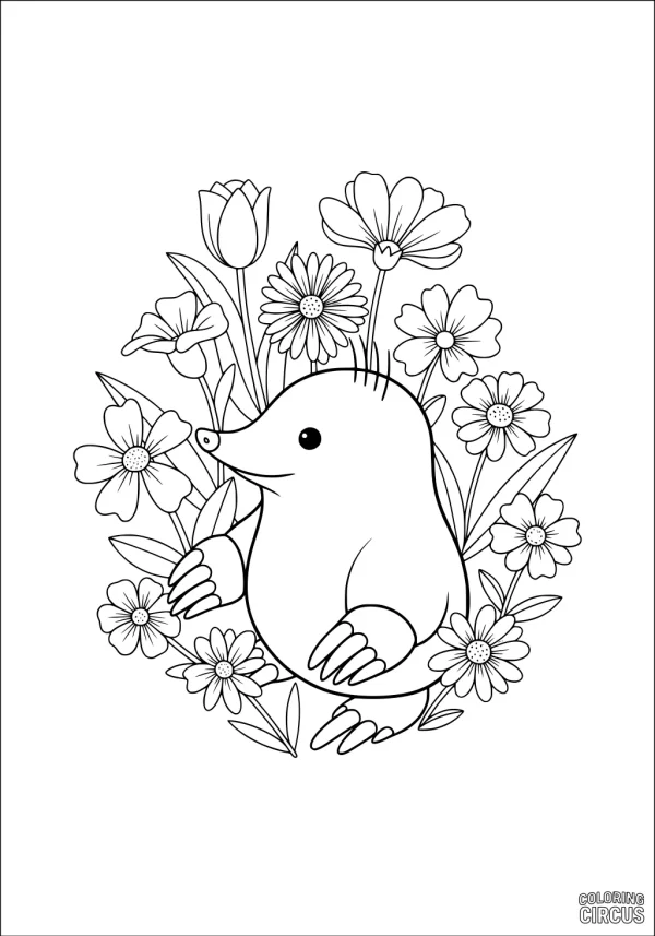 Coloring page of a cute mole sitting in the middle of blooming flowers