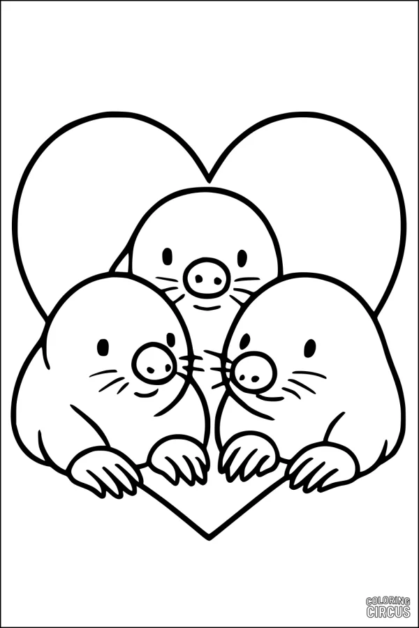 Coloring page with three cute moles surrounded by a large heart shape, great for kids