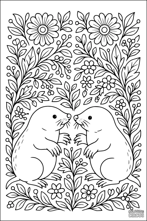 Coloring page with two cartoon moles surrounded by flowers and leaves