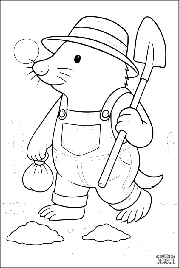 Coloring page of a cartoon mole wearing overalls and a hat, holding a shovel in a sunny garden setting